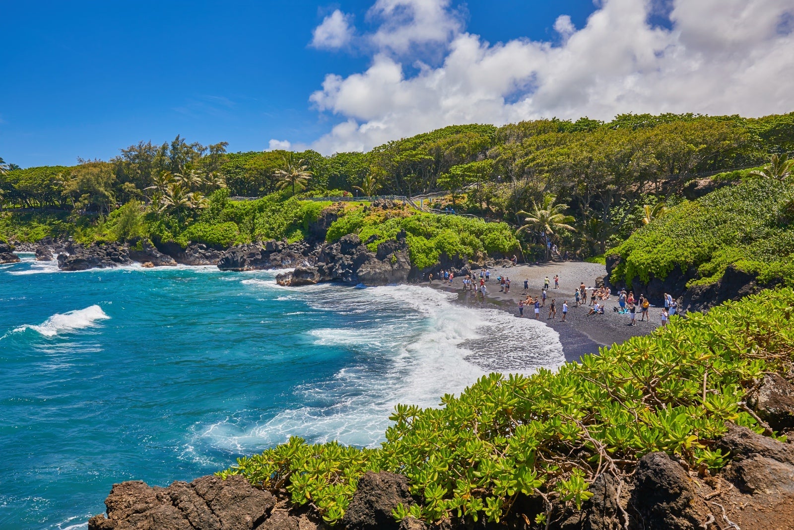 The black sand beach at Waianapanapa State Park, Maui.