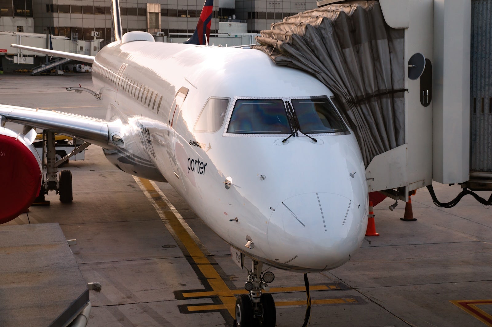 Embraer E195-E2 airliner of Canadian carrier Porter Airlines parked in Miami International Airport